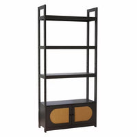 4 Tiers Bookshelf, Woven Cane Bookcase with Cabinet Office Wood Bookshelf Freestanding Open Display Shelf with 2 Doors Storage Cabinet Home Storage Rack for Living Room