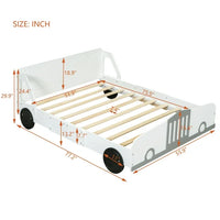 Kids Bed Frame Full Size, Car Bed for Boys Girls with Decorative Wheels and Guardrail, Wooden Platform Bed Frame, 400LBS Weight Capacity, White