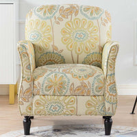 Accent Chairs, Single Sofa Chairs Upholstered Fabric Armchair with Gourd Shape Tapered Birch Wood Legs, Floral Pattern Armchair Comfy Reading Chair for Living Room Bedroom, Beige