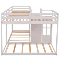Twin Over Twin L-Shaped Bunk Bed with Built-in Middle Staircase and Storage, Wood Bunk Beds for 4, No Box Spring Needed, White