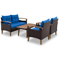 4-Piece Outdoor Sofa Set, PE Rattan Patio Sofa Set with 2 Single Chair, 1 Loveseat and 1 Wood Table, Patio Furniture Set with Solid Legs for Pool Side,Backyard,Garden, Blue