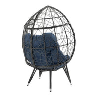Oversized Rattan Wicker Egg Chair, Patio Egg Basket Chair with Soft Cushion, Teardrop Cuddle Seat & Sturdy Steel Frame, for Living Room, Backyard, Balcony, Patio,Navy Blue