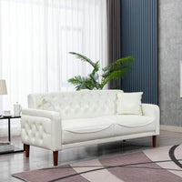 Mid Century Couches, 3-Seat PU Leather Love Seat Sofa with 2 Throw Pillows, Armrest and Wooden Legs, Button Tufted Upholstered Loveseats for Living Room, Bedroom, Office, Apartment (Ivory)