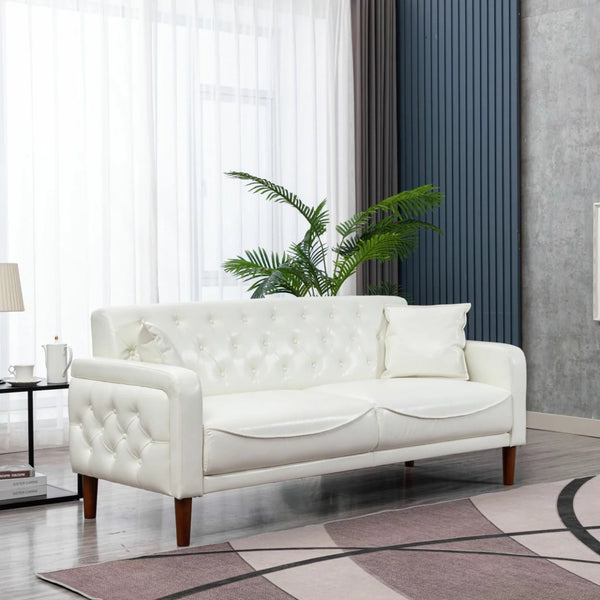 Mid Century Couches, 3-Seat PU Leather Love Seat Sofa with 2 Throw Pillows, Armrest and Wooden Legs, Button Tufted Upholstered Loveseats for Living Room, Bedroom, Office, Apartment (Ivory)