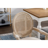 French Country Dining Chairs Set of 2,Solid Wood Frame Antique Painting Linen Fabric Accent Chair,Tufted Upholstered Rattan Back Vanity Chair Armchair