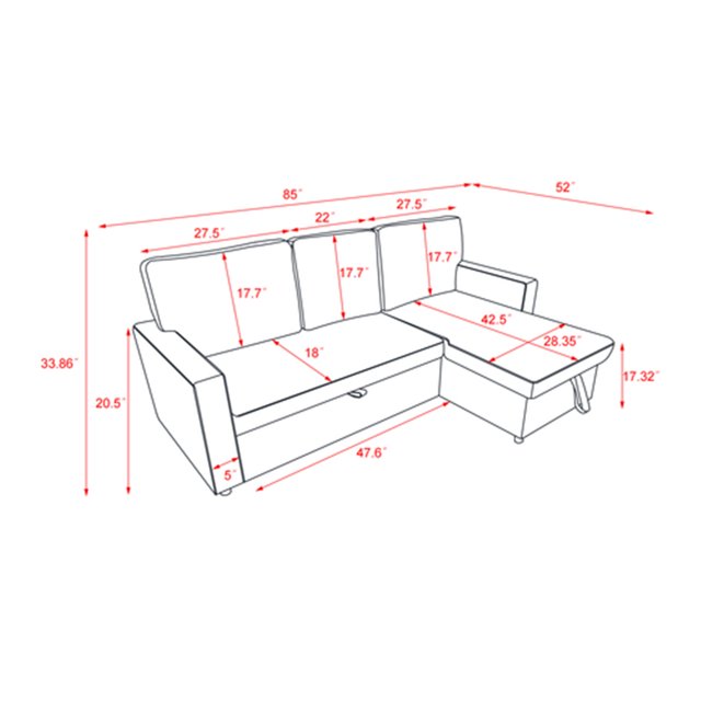 Sectional Sofa with Pulled Out Bed and Storage Space, Modern Design Chaise Lounge with Armrest for Living Room