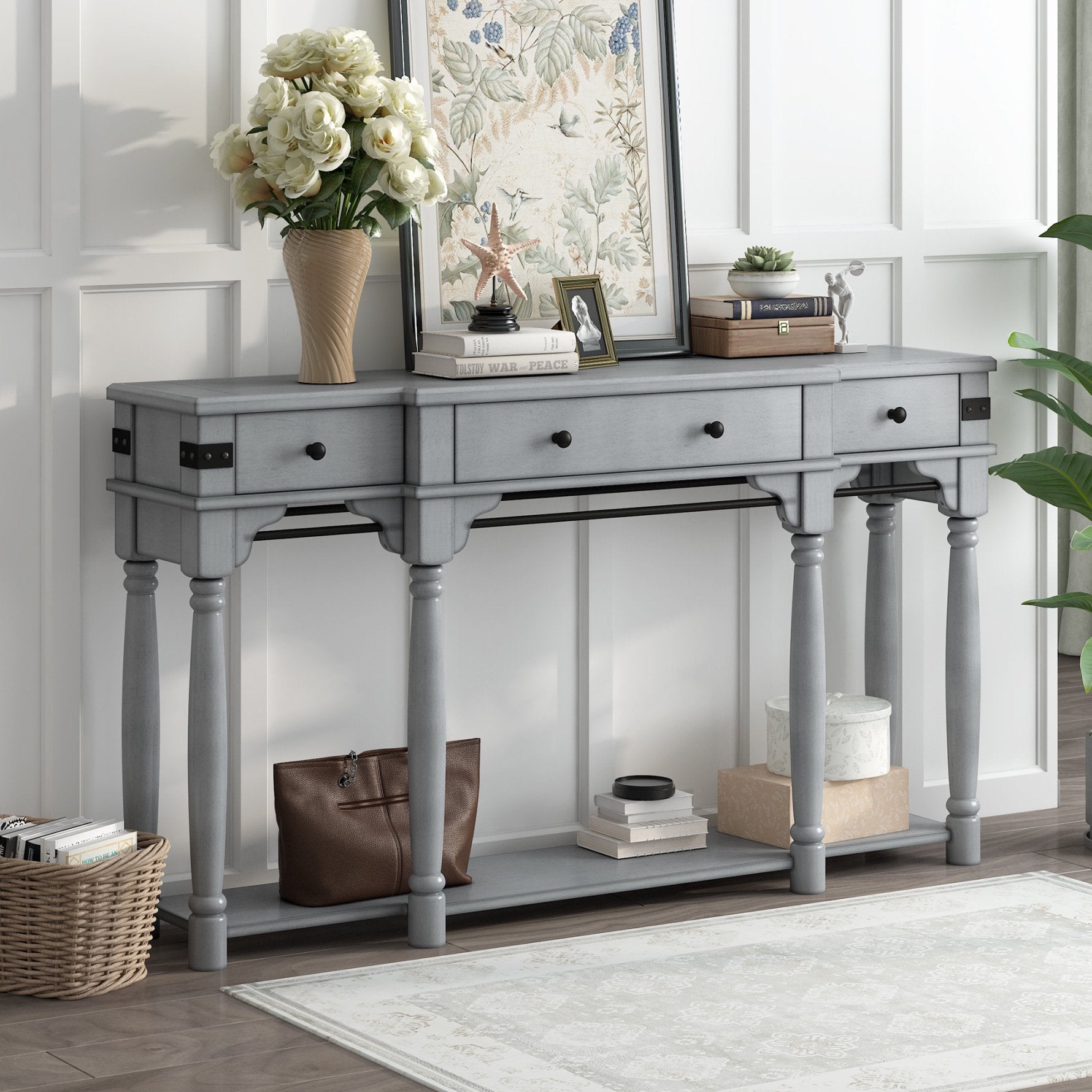 Mediterranean Retro-Style 60" Console Table,Entryway Table with Storage Drawers and Bottom Shelf,Sofa Side Table for Entryway, Hallway and Living Room,Antique Gray