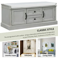 Storage Bench with 2 Drawers and 2 Cabinets, Shoe Bench Under Window Bench with Storage & Velvet Removable Cushion, Wooden Organizer Storage Bench for Living Room Entryway Front Door, Gray Wash