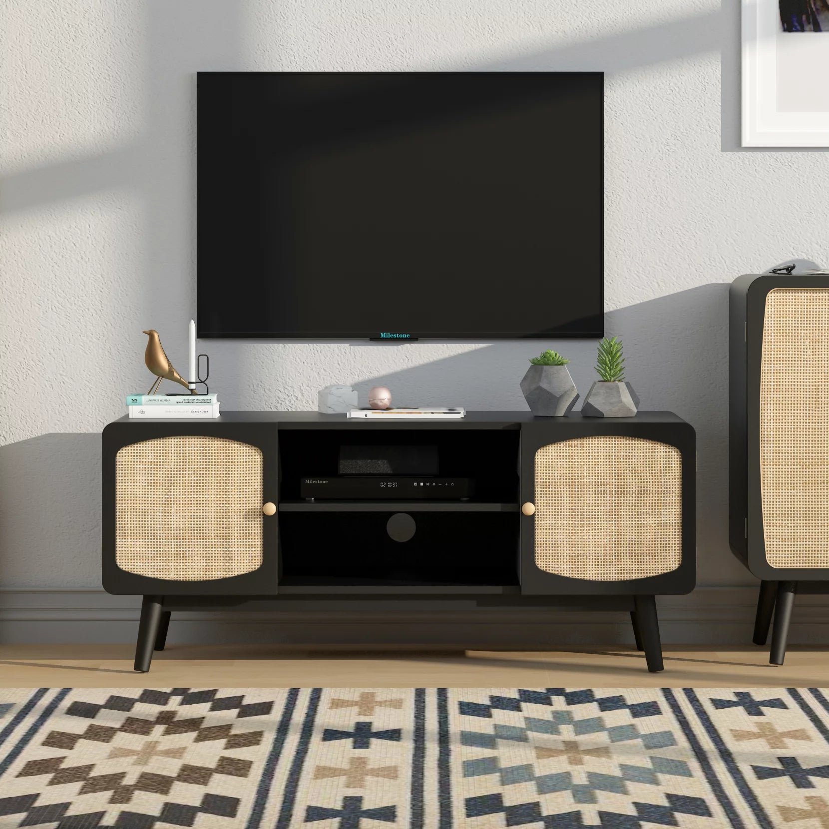 TV Stand with Storage and Rattan Door,Entertainment Center,Television Stands with Shelf,Boho TV Console for Bedroom, Living Room,Black