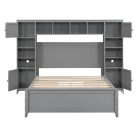 Full Size Platform Bed with All-in-One Cabinets, 10 Shelves and 4 Storage Drawers, Solid Wood Low Bed Frame for Kids Teens Adults Bedroom Guest Room, Space-Saving Design, No Box Spring Needed, Gray