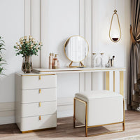 Large Vanity Set Makeup Vanity Dressing Table with 4 Drawers, 47" Vanity Desk with Stainless Steel Frame Legs, Dressing Table Set with PU Leather, Side Cabinet, Mirror and Stool, White