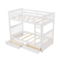Solid Wood Twin Bunk Beds with Ladders and Two Storage Drawers, Twin over Twin Bunk Bed with Safety Guardrails for Kids, Teens, Adults, Wood Slats Support, Can be Separate into 2 Single Beds, White