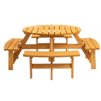 8 Person Wood Picnic Table, Outdoor Round Picnic Table with 4 Built-in Benches, Umbrella Hole, Outside Table and Bench Set for Garden, Backyard, Porch, Patio, 2220lbs Capacity Per Bench- Natural