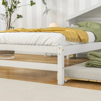 Twin Size Trundle Bed, Plat Bed Frame with Trundle, Twin Size Platform Bed with Bookcase Headboard and Pull Out Trundle Bed, Twin Bed Frame with Storage Shelves for Kids and Teens, White