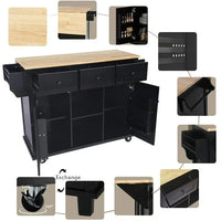 Kitchen Island Cart, Island Table for Kitchen, Rubber Wood Drop-Leaf Countertop, Mobile Portable Kitchen Island with Storage Cabinet & 3 Drawers, Farmhouse Buffet Server Sideboard, Black