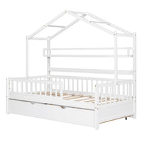 House Bed with Trundle, Twin Fence Railings Kids Cottage Beds Wood Playhouse Bed Frame for Toddlers Girls Boys Teens, Montessori Bed Twin Size Platform Bed Frame with Roof, Tent Bed, Twin, Gray
