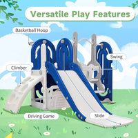 5 in 1 Toddler Swing and Slide Set with Climber, Kids Playground Climber Slide Playset with Safety Belt, Armrest, Basketball Hoop, High Adjustable Baby Swing Set for Indoor Outdoor Backyard, Blue