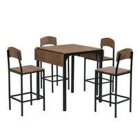 5-piece Counter Height Dining Table Set, Farmhouse Dining Room Table Set with Drop-Leaf Tabletop and Metal Frame, Industrial Kitchen Bar Table Set with 4 Chairs and Footrest, Space Saving, Black+Brown