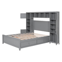 Full Size Platform Bed with All-in-One Cabinets, 10 Shelves and 4 Storage Drawers, Solid Wood Low Bed Frame for Kids Teens Adults Bedroom Guest Room, Space-Saving Design, No Box Spring Needed, Gray