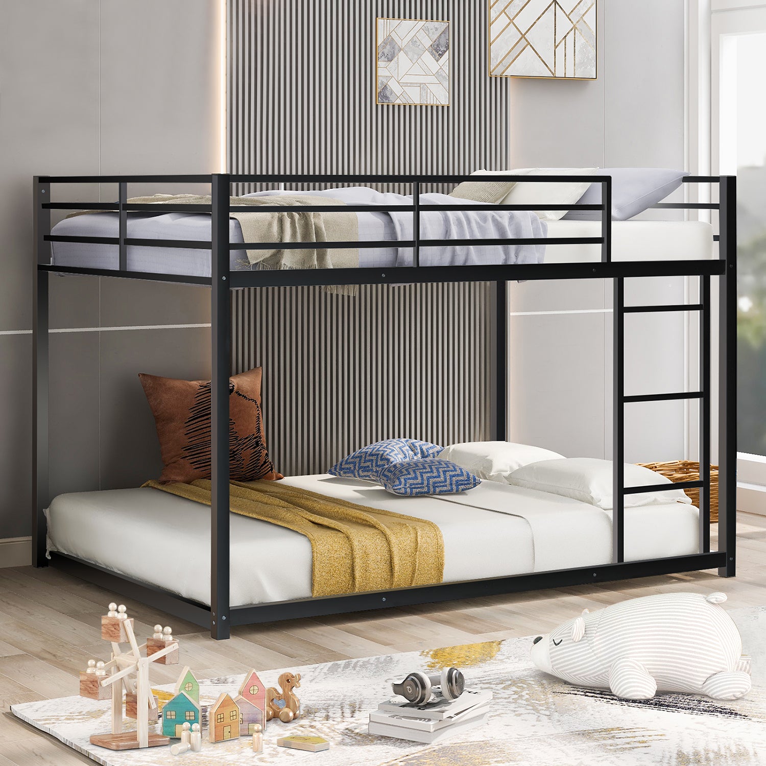 Full over Full Low Bunk Bed for Kids Teens Adults, Metal Bunk Bed Frame with Ladder and Safety Guardrails, Load-Bearing 350lb, Noise Free, Black 77.1''Lx55.9''Wx53.7''H