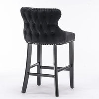 Classic Velvet Bar Stools set of 2, Upholstered Stools with Button Tufted Decoration, Wing-Back, Wooden Legs, Footrest, Goth Style Bar Chairs for Kitchen Island, Coffee Shop, Dining Room, Black