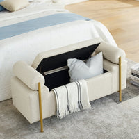 Ottoman with Storage, 44" Modern Linen Storage Bench, Elegant Upholstered End of Bed Storage Ottoman Bench with Cylindrical Arms and Iron Legs for Hallway Living Room Bedroom, Beige