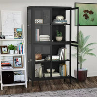Metal Storage Cabinet, 59" Tall Kitchen Pantry Cabinet Glass Display Cabinet with Adjustable Shelves and Feet, Freestanding Bookcase for Home Office Living Room Study Room, Black