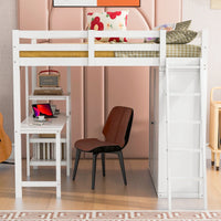 Full Size Loft Bed with Desk and Wardrobe, Solid Wood Loft Bed Frame with Inclined Ladder and Full-Length Guardrail, Loft Bed with Desk and Storage for Kids Teens Girls Boys Bedroom Dorm, White