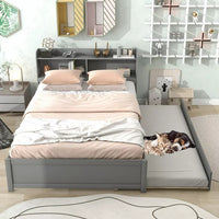 Full Bed with Trundle, Full Size Platform Bed with Bookcase Headboard and Pull Out Trundle Bed for Kids Teens Adults, Wooden Twin Bed Frame with Storage Shelves, Bed Frame for Living Room, Gray
