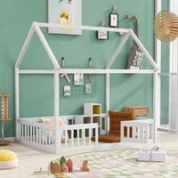 Full Size Floor Bed, Wood House Bed with Safety Fence and Door, Montessori Floor Bed with Roof, Floor Bed Frame for Children Boys and Girls, White