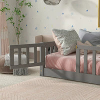 Twin Size Floor Bed for Toddlers and Kids, Solid Wood Montessori Floor Bed with Safety Fence Rail and Small Door, Durable Montessori Bed Frame with Sturdy Slats Support for Boys and Girls, Gray