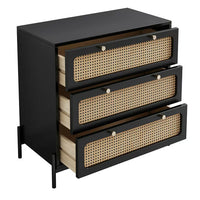 Modern 3 Drawer Dresser, Rattan Chest of Drawers with Spacious Storage Rattan Dresser, Closet Storage Bedside Table Dresser for Bedroom Living Room Entryway, Hallway, Black