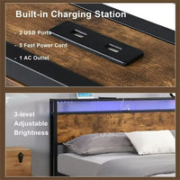 Full Size Bed Frame with LED Lights and 2 USB Ports, Industrial Metal Platform Bed with Wood Storage Headboard and 12" Under Bed Storage, Noise Free, No Box Spring Needed, Rustic Brown