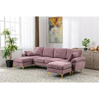 Convertible L-Shaped Sectional Sofa with Movable Ottoman, Upholstered Accent Sofa with 2 Pillows and Golden Metal Legs, Modular Sectional Couch Sets for Living Room Office Apartment, Purple