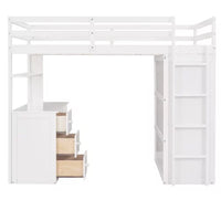 Twin Size Loft Bed with Desk and Wardrobe, Wood Loft Bed Frame with Storage Drawers and Full-Length Guardrails, High Loft Bed for Kids Teens Boys and Girls (White)