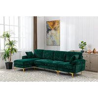 L Shaped Sectional Sofa Couch with Removable Ottoman, Velvet Sectional Couches for Living Room, Wooden Convertible Sectional Sofas with Rose Gold Metal Legs for Living Room, Apartment,Emerald