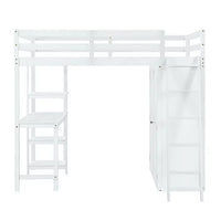 Full Size Loft Bed with Desk and Wardrobe, Solid Wood Loft Bed Frame with Inclined Ladder and Full-Length Guardrail, Loft Bed with Desk and Storage for Kids Teens Girls Boys Bedroom Dorm, White