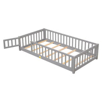 Twin Floor Bed Frame for Kids Toddlers, Wooden Montessori Bed with 7 Wood Slats, Fence-Shaped Guardrails and Door for Boys Girls Bedroom Playroom, No Box Spring Needed, Gray