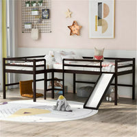 L-Shaped Loft Bed with Slide, Twin Size Low Loft Bed Frame with 2 Built-in Ladders and Full-length Guardrail Multifunctional Loft Bed Perfect for Boys Girls Noise Free, No Box Spring Needed, Espresso