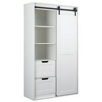 71-inch High Wardrobe Closet and Cabinet with Hanging Rod,Wall Clothes Locker,Classic Sliding Barn Door Armoire for bedroom Cloakroom Hanging Clothes Bags Hats,Standing Storage Cabinet,Antique White
