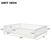 Full Size Floor Bed for Toddlers and Kids, Solid Wood Montessori Floor Bed with Safety Fence Rail and Small Door, Durable Montessori Bed Frame with Sturdy Slats Support for Boys and Girls, White