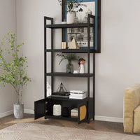 4 Tiers Bookshelf, Woven Cane Bookcase with Cabinet Office Wood Bookshelf Freestanding Open Display Shelf with 2 Doors Storage Cabinet Home Storage Rack for Living Room