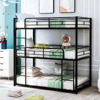 Bunk Beds for Kids, Solid Wood Twin Triple Bunk Beds / Loft Bed for Kids/Adults,Twin over Twin Triple Bunk Bed, Bed Frame with Guardrail and Ladder,No Box Spring Needed,Black