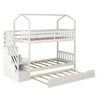 Twin over Twin Bunk Bed Frame with Pull Out Bed and Storage Stairs, White