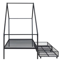 Metal Bed Frame, Twin Size House Bed with 2 Storage Drawers and Roof for Kids,Teens, Playhouse Design Bed Frame with Slats Support, No Box Spring Required, Black