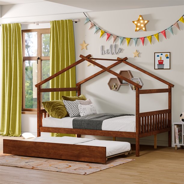 Full House Bed with Twin Size Trundle Bed,House Bed for Kids with Support Legs,Wooden Kids House Full Bed Frame for Toddlers,Kids,Teens.No Box Spring Needed,Walnut