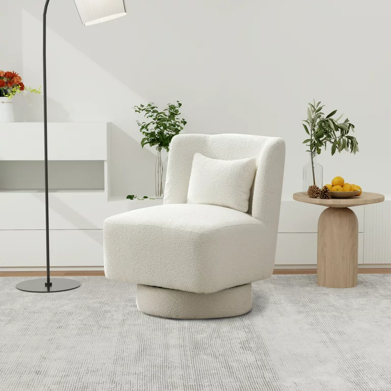 Swivel Accent Chair with Plump Pillow, Swivel Chairs for Living Room, 360 Swivel Comfy Accent Sofa Chair Club Chair, Upholstered Teddy Leisure Chair for Bedroom Living Room Lounge Hotel Office, Ivory