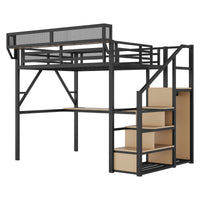 Triple Tree Full Loft Bed with Desk and Charging Station, Full Size Metal Loft Bed with Stairs and Light for Kids Teens, Black