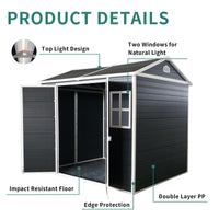 8x6ft Outdoor Resin Garden Shed - with Floor and 2 Windows, Plastic Patio Outdoor Storage Shed with Lockable Door for Garden Tools, Bicycles, Trash Cans, Dark Grey