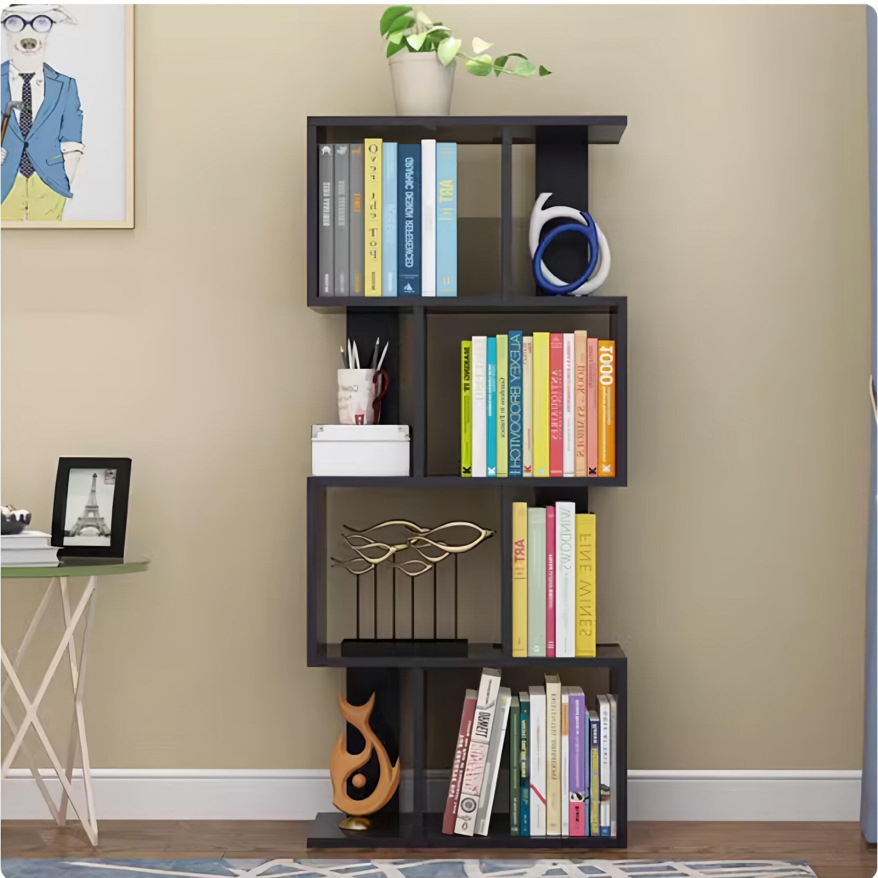 4 Tier Storage Shelf S-Shaped Bookcase, Multifunctional Wooden Display Decor Furniture, Free Standing Industrial Storage Rack for Living Room Bedroom Office, Space-Saving Shelf Bookcase, Black